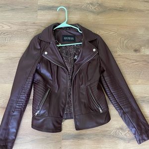 Guess burgundy leather jacket with detachable hood